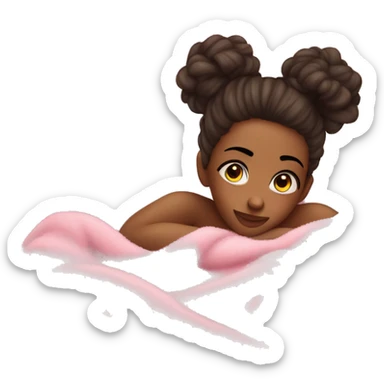 a girl laying down in bed with a messy bun with a pink fuzzy comfy blanket on top of her , make the girl really pretty  sticker