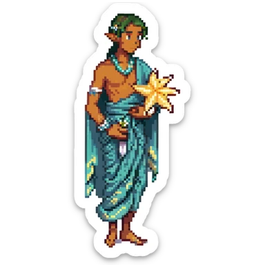 elf male Sarong with bioluminescent embroidery, armful of starfish, hair in a braid with pearl pins sticker