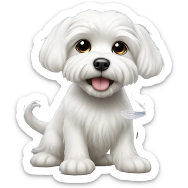 White Maltese Shi Tsu playing with a dragonfly sticker