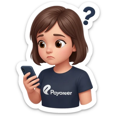 Girl looking at her phone with wondering face and a question mark wearing dark tshirt with payoneerwritten on it sticker