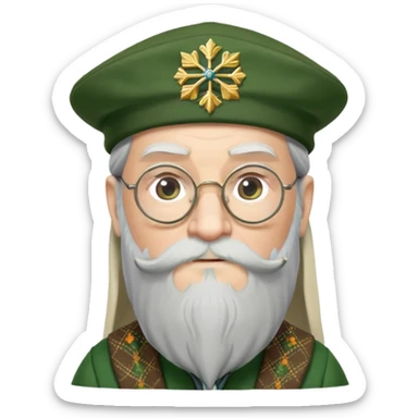 Dumbledore wear green scotland Tam o'shanter cap with decorative patterns, wear glasses, very long beard sticker