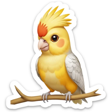 lutino cockatiel emoji, perched and facing forward, bright yellow with orange cheek patches sticker