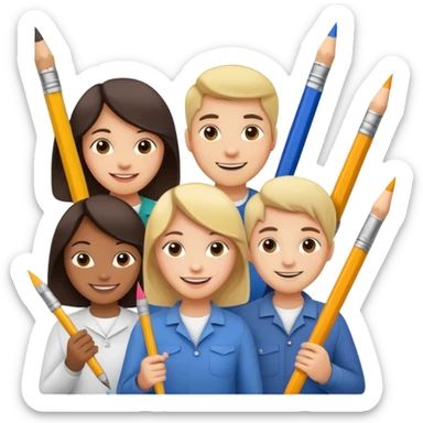 diverse group holding a large pencil and paintbrush together sticker