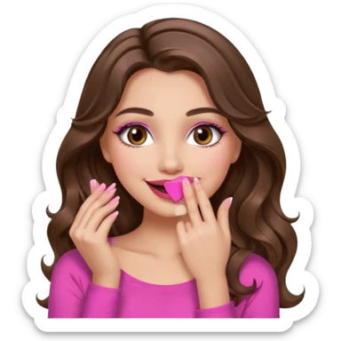 girl with long wavy brown hair, brown eyes, long lashes makeup, sexy pink lips, light to medium complexion, pink sexy top, smiling, hand covering  sticker