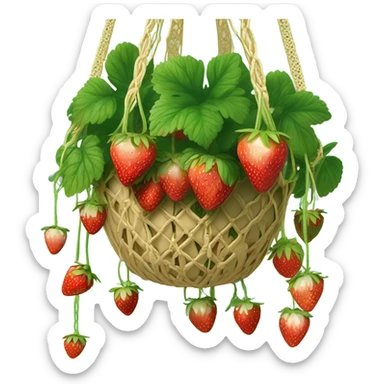 Hanging macrame gold planter with strawberries growing down  sticker