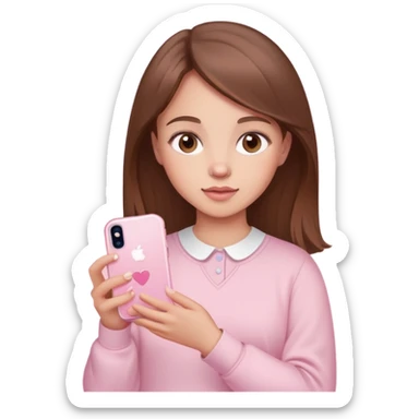 a brown haired girl with brown eyes and light skin with a baby pink background and a baby pink iPhone in her hand taking a selfie sticker