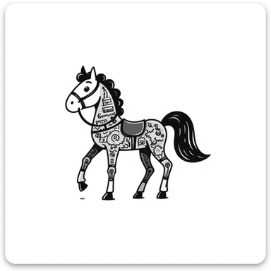 Detailed sketch of a horse assembled from mechanical cogs, analog components, exposed wires, and rope connecting the parts sticker