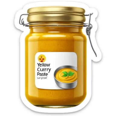 jar of yellow curry paste, short and round, glass, vibrant yellow paste, thick and grainy, metallic or plastic lid, blank label optional, 3D clean style, transparent background, optimized for emoji size sticker