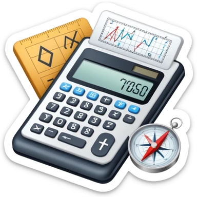 An icon featuring mathematical formulas, a calculator, and geometric shapes, symbolizing mathematics. The design includes a compass, a ruler, and a graph, representing the study of numbers, equations, and spatial relationships. Transparent background highlights the precision and logic of math. sticker