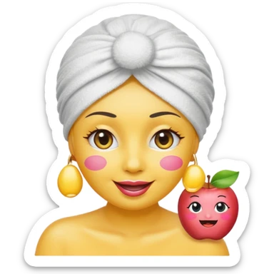 classic round yellow emoji face with big smile, simple emoji-style eyes with eyelashes, blush on cheeks, wearing a white towel turban, a tube of lipstick floating next to the face, apple style emoji, not human-like sticker