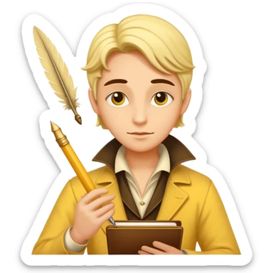 a romance novelist, romantic, dizzy, yellow tone skin, with a quill pen sticker