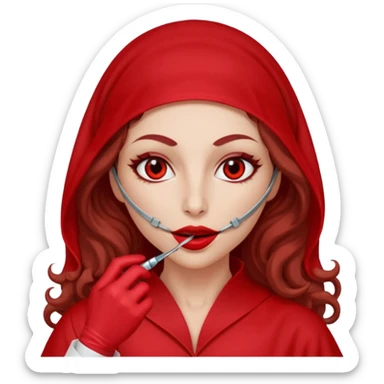 Lilith scalpel in hand, evil surgeon sexy surgeon clothes.  She has red eyes. She brown long curly hair. Wears sexy doctor outfit with red gloves. Wears red burka Covers mouth neck and nose with red burka to hide her identity sticker