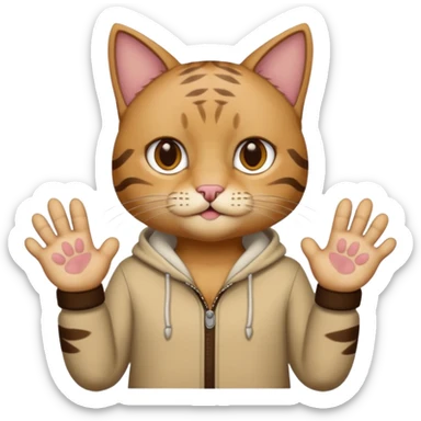 A man wearing cat clothes  and showing his paws sticker