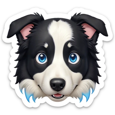 Cinematic Comical Black and White Border Collie Portrait Emoji, Head tilted dramatically with an exaggeratedly shocked or offended expression, featuring a striking black and white coat and wide, expressive blue eyes filled with exaggerated disbelief, Simplified yet hilariously expressive features, highly detailed, glowing with a slightly sassy glow, high shine, dramatic yet playful, stylized with an air of attitude, bright and endearing, soft glowing outline, capturing the essence of a sassy and over-the-top herder, so meme-worthy it feels like it could side-eye its way into internet fame instantly! sticker