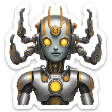 a high-tech metal robot with several arms like an indian god sticker