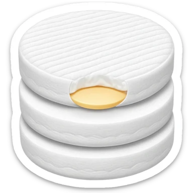 small stack or pair of soft, round white cotton pads, slightly textured with gentle quilted or smooth surface, soft edges, subtle layering to show thinness and softness, clean minimal 3D look, soft lighting, no packaging or extra elements, no faces, transparent background, emoji scale sticker