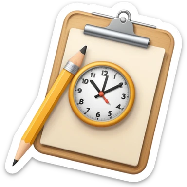modern minimalistic emoji-style icon for 'Task 1' of a writing test, combining a document, a pencil, and a small clock to indicate a 20-minute limit, educational, simple sticker