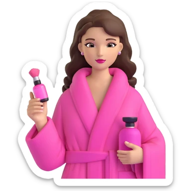 girly girl in a pink Victoria's Secret robe holding a bottle of perfume and a makeup brush sticker