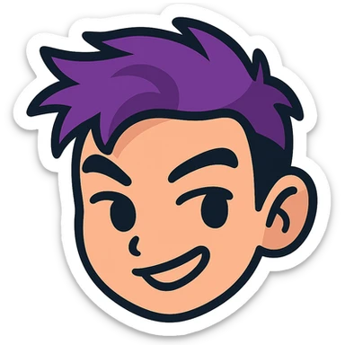 Transform the face in the reference image into a cute emoji-style icon with minimalistic, bold lines, bright colors, and a playful, expressive look suitable for a small emoji. Keep the confident, mischievous expression and purple hair. Remove the background. sticker