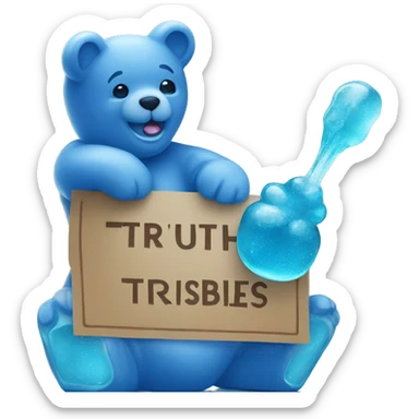 Blue Gummy bear with a sign that says Truthibles” sticker