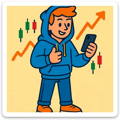 a trader character, casual tech startup style, hoodie and jeans, holding a smartphone sticker
