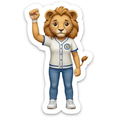 friendly anthropomorphised female lion wearing a baseball shirt, jeans, trainers, standing upright with one fist raised, looking determined and confident sticker