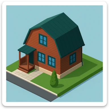 isometric illustration of the building. 3D isometric infographic design. Clean lines, bright and saturated colors, minimal unnecessary details. View from above at an angle (isometric), showing the roof, facade, and part of the surrounding area. Soft shadows, daylight lighting, no harsh contrasts. Background should be solid (blue, gray, or light tone). Add a small area around the building (roads, tiles, grass) so the building looks complete. Accurately represent the architectural features of the building (roof shape, facade, colors). Final style should be neat and polished, similar to posters or educational infographics. sticker