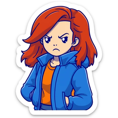 Redhead girl with long hair in blue jacket looking angry sticker