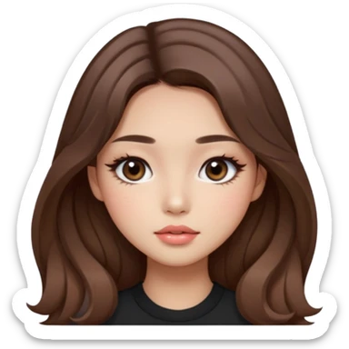 “korean straight brown hair Emoji girl, soft eyeliner and blush, gradient lips, light brown shimmer eyeshadow, long wavy hair,  sticker
