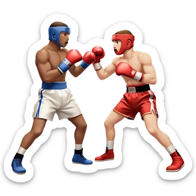 An icon showing two professional boxers in the middle of an intense fight in the ring. They are wearing gloves and protective gear, with one boxer throwing a punch while the other dodges. The background features bright lights, a cheering crowd, and the ropes of the boxing ring. sticker