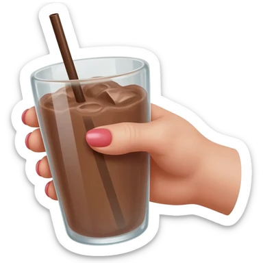chocolat froid dans un grand verre avec une paille tenue par le bout d'une jolie main de femme avec une belle manucure Style Pinterest ultra réaliste Avec une bordure blanche IOS sticker