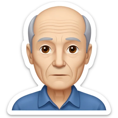 Elderly thin man with light skin. Narrow face with visible cheekbones and jawline. Signs of aging with some wrinkles. Expressive dark brown eyes, thick eyebrows. Short brown hair with receding hairline. Untidy brown beard with some gray strands. Wearing a dark blue shirt. sticker