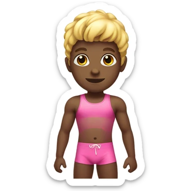 A blond rainbow colored african boy wearing a pink swimsuit sticker
