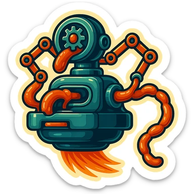 sausage-processing droid. retro-futuristic style. in front is a large industrial grinder rotating gears and blades. Two robotic arms feed material into grinder. Sausage links extrude from the rear like  factory. The body is metallic, compact, and floats above the ground.no legs. Dark humor sticker