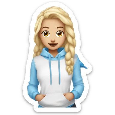 Crea una chica de piel blanca pelo cafeclaro con una sudadera azul claro y que tenga alado unos pajaritos agapornis  sticker