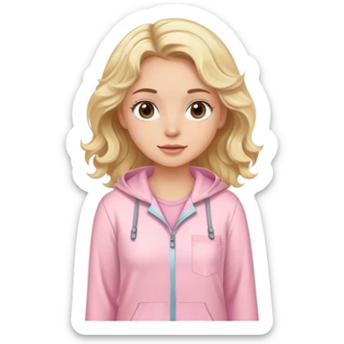Blonde model with brown eyes, wavy hair, pastel pink pajamas, hiking fashion  sticker