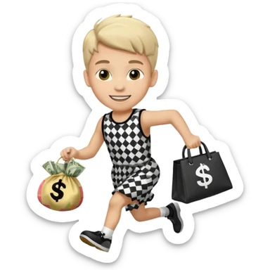 Robber running with Money bag black and white check dress boy sticker