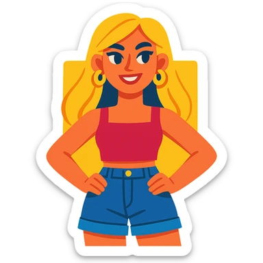 fashionable girl with blonde hair, gold earrings, a crop top, and denim shorts, standing confidently, vibrant toon style, colorful, cheerful sticker