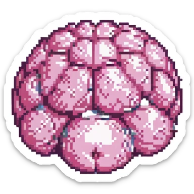16-bit pixel art of a pink brain-shaped blob, smooth rounded brain texture, simple retro gaming style sticker