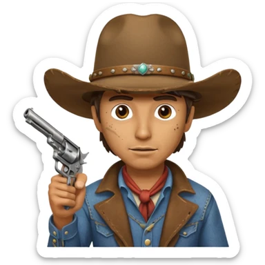 A cowboy pointing his revolver in front of you and saying, "Give me your money." sticker