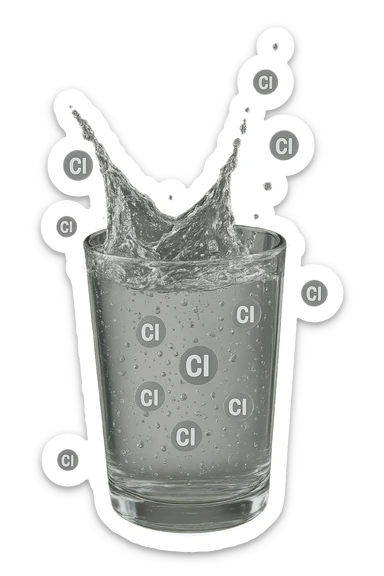 un bicchiere di acqua cade verticalmente dall'alto realistico e dettagliato, dentro l'acqua del bicchiere ci sono particelle di cloro ben visibili con la scritta "Cl" sopra, ci sono particelle anche che escono dal bicchiere e fluttuano in aria verticalmente, mentre alcune sono all'interno dell'acqua nel bicchiere, iperrealistico 4k sticker