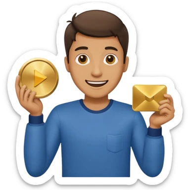 a happy man holding youtube golden play button sticker