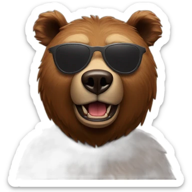 brown bear with round sunglasses, left iron arm and bitten ear sticker