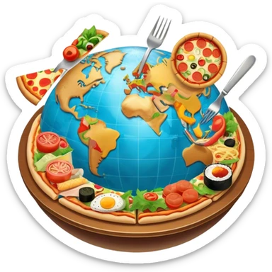 Icon for Gastronomic Tourism: a globe with various cuisines from around the world, such as pizza, sushi, tacos, and pasta, surrounded by food-related travel elements like a fork, knife, and map. Transparent background. sticker