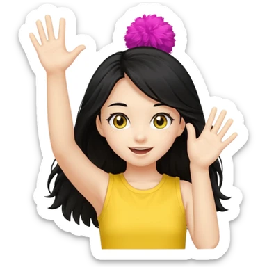 A long black hair teen girl waving pom-poms, eyes sparkling with excitement, yellow top sticker