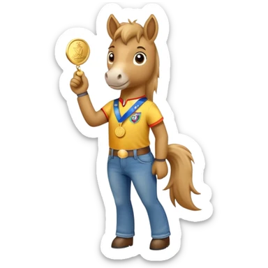 anthropomorphised horse wearing jeans, a t-shirt, and a gold medal sticker