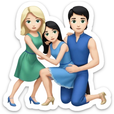 prince, upright, black Hair, blue eyes, blue garment,  Woman, blonde Hair, Green eyes, bending knee, sleveless White Dress, sticker