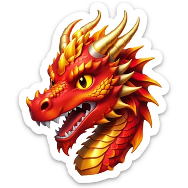 Cinematic Comical Fierce Fire Dragon Portrait Emoji, Head tilted dramatically with an exaggeratedly amused expression, featuring a striking, flame-draped body with bold, blazing scales in intense red and molten gold, and eyes twinkling with fiery mischief; rendered with vivid, lifelike textures and dynamic, flickering shadows, high shine, dramatic yet playful, styled with an air of cheeky volcanic mischief, soft glowing outline, capturing the essence of a spirited and over‐the‐top inferno that looks ready to burst into a cascade of playful embers! sticker