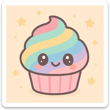 rainbow cupcake, kawaii style, cute face, pastel colors sticker