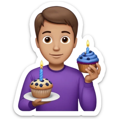 Make a white man with brown hair wearing a shirt that says happy b day Virginia holding a blueberry muffin with a birthday candle in it. Have him holding multiple muffins and no candles in hand. Have him wearing a purple shirt  sticker
